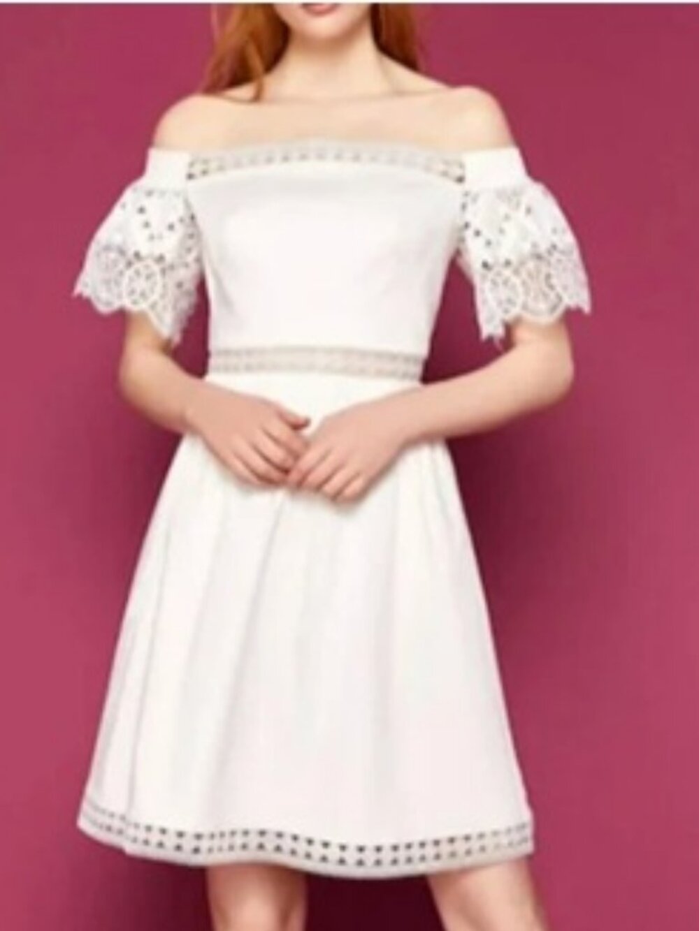 Ted Baker Off White Loulah Off the Shoulder A-Line Geo Lace Dress Sz TB 3/US 8
